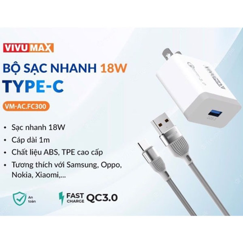 Bộ sạc nhanh 18W USB to Type C VivuMax VM-AC. FC300