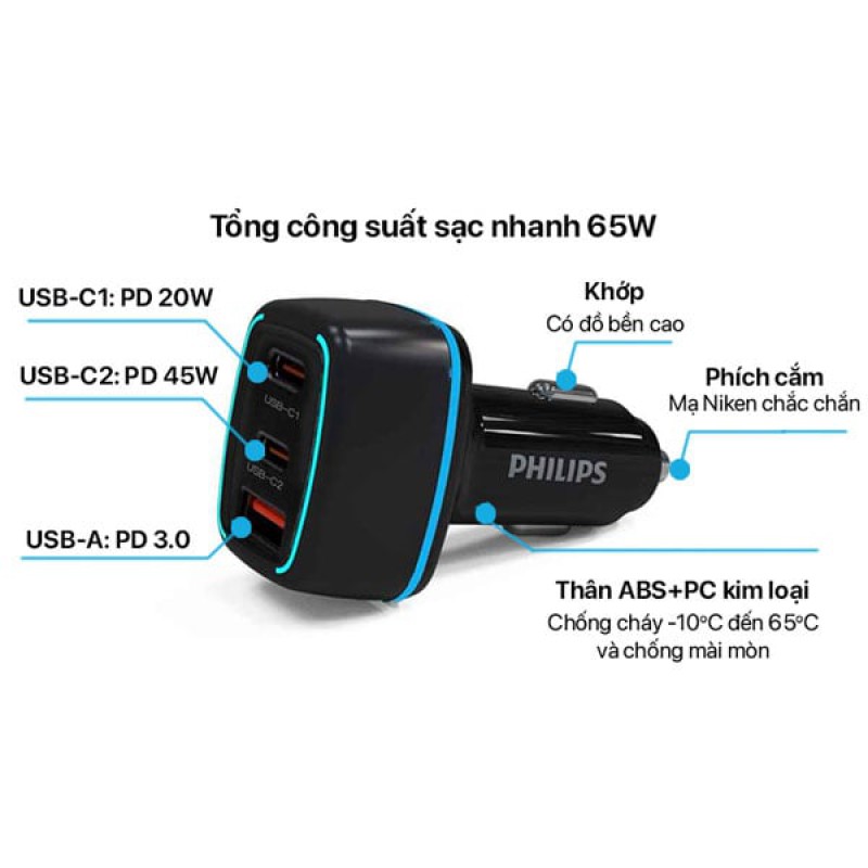 Đầu sạc xe hơi Philip USB/USB-C sạc nhanh 3 cổng