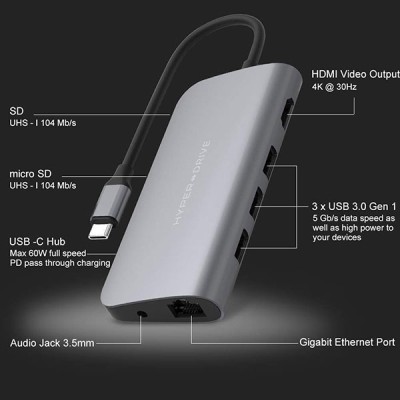 Cổng chuyển Hyperdrive Power USB-C Hub 9in1 HD30F Silver